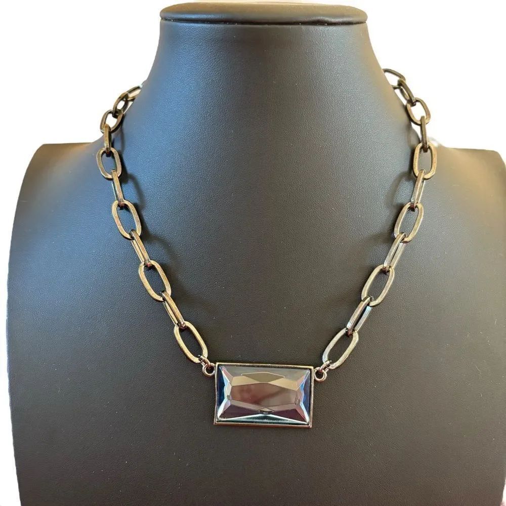 Lia Sophia Blue Glass Pendant on Large Link Gun Metal Chain.